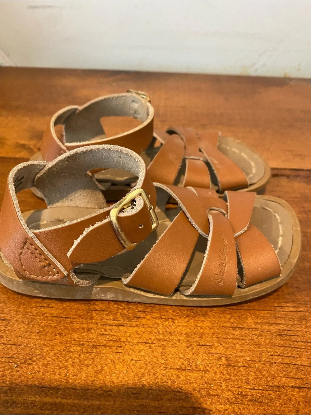 Brown Leather Strappy Toddler saltwater Sandals with Ankle Buckle